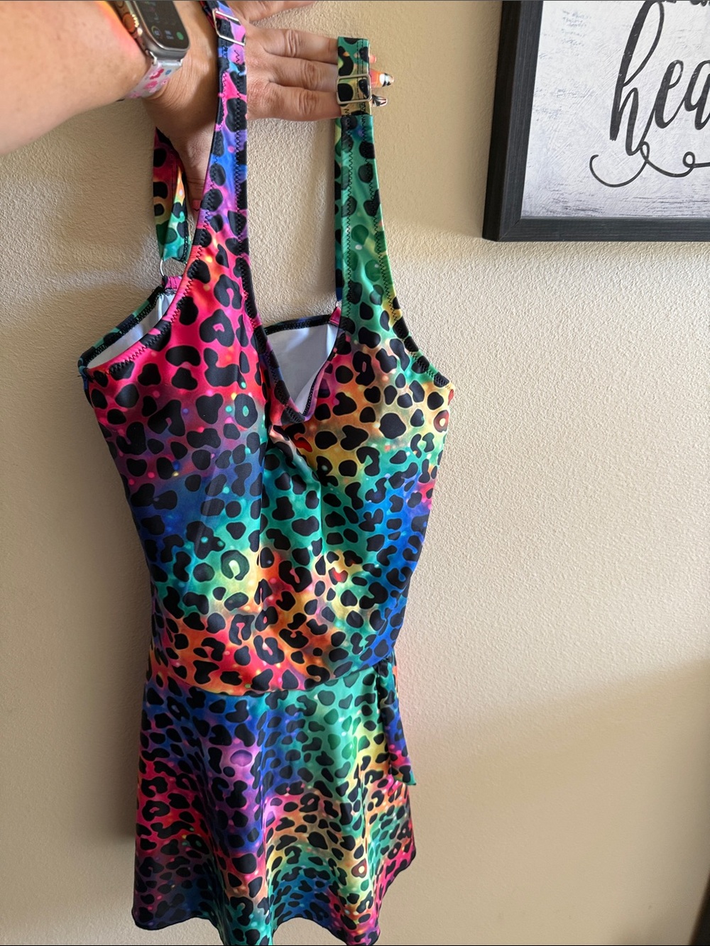 Women’s Rainbow Leopard Print Swim Dress - Multi